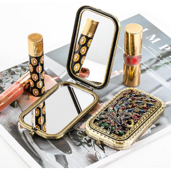 2 Pcs Vintage Foldable Makeup Mirror, Portable Cosmetic Pocket Mirror, Double Sided Butterfly Peacock Vanity Mirror, Metal Compact Small Folding