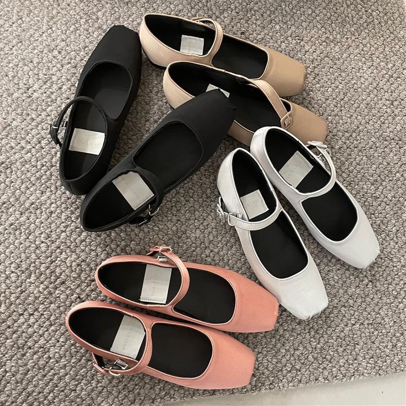 Women's Shoes 2025 Spring and Summer Korean Style Comfortable Flat Single Shoes Satin Square Toe Shallow Mouth Ballet Shoes