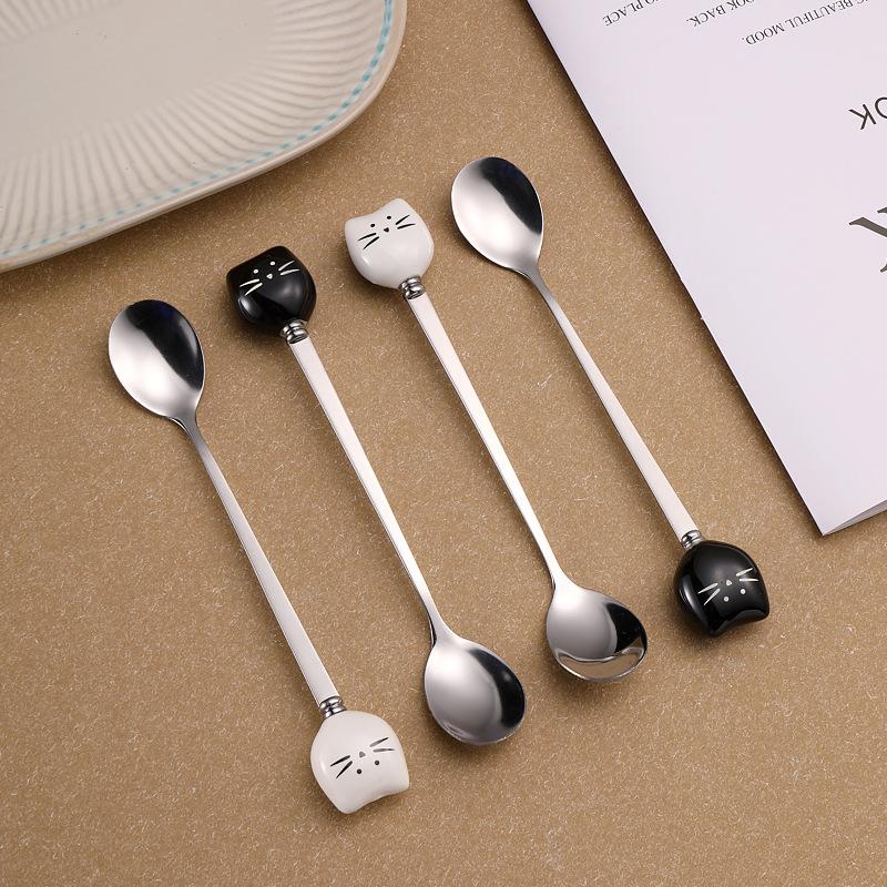Cartoon Ceramic Spoon Ceramic Black And White Cat Spoon Ice Cream Spoon Stainless Steel Coffee Spoon