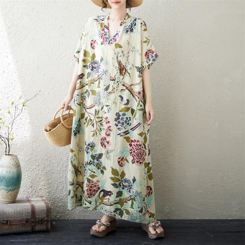 Short Sleeve Plus Size Cotton Vintage Floral New In Dresses for Women Casual Loose Maxi Long Summer Dress