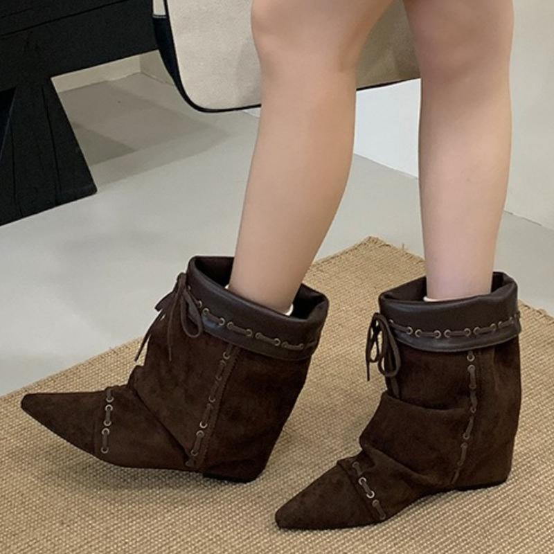 Fashion NEW Punk Vintage Insoles Height Wedges Heels Pointed Toe Women Ankle Boots Autumn Winter Designer Lace-up Dress Ladies Shoes