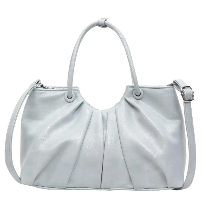 Vintage Pleated Women Crossbody Bag Fashion Pu Leather Tote Bucket Bag Large Capacity Commuting Shoulder Handbag