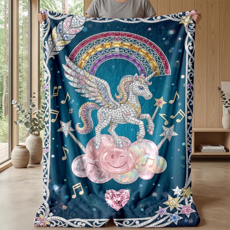 Winged Unicorn In Fantasy Garden Theme Blanket Lightweight Warm Flannel Blanket Decorative Throw Blanket for Home Decoration