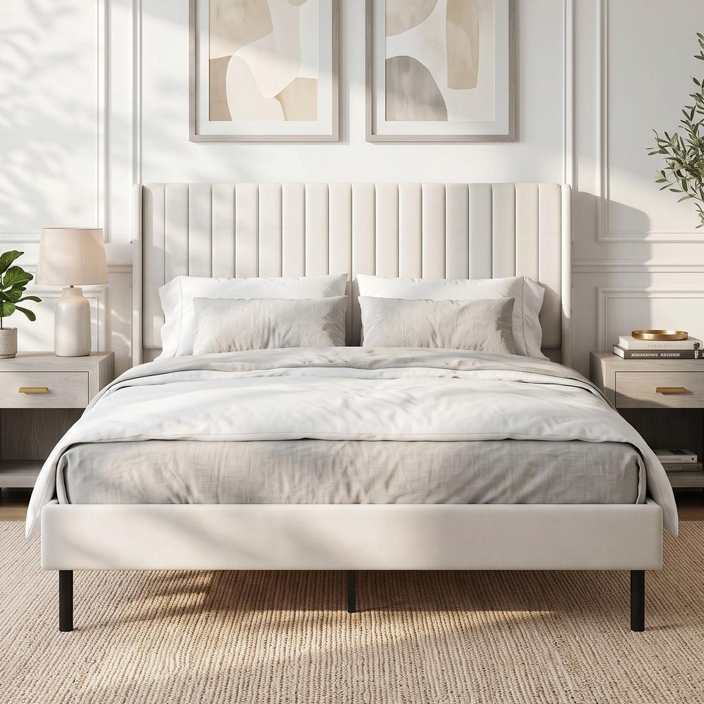 Bed Frame 140 X 200 Cm With Adjustable Headboard Upholstered Bed With 12 Slats Beige