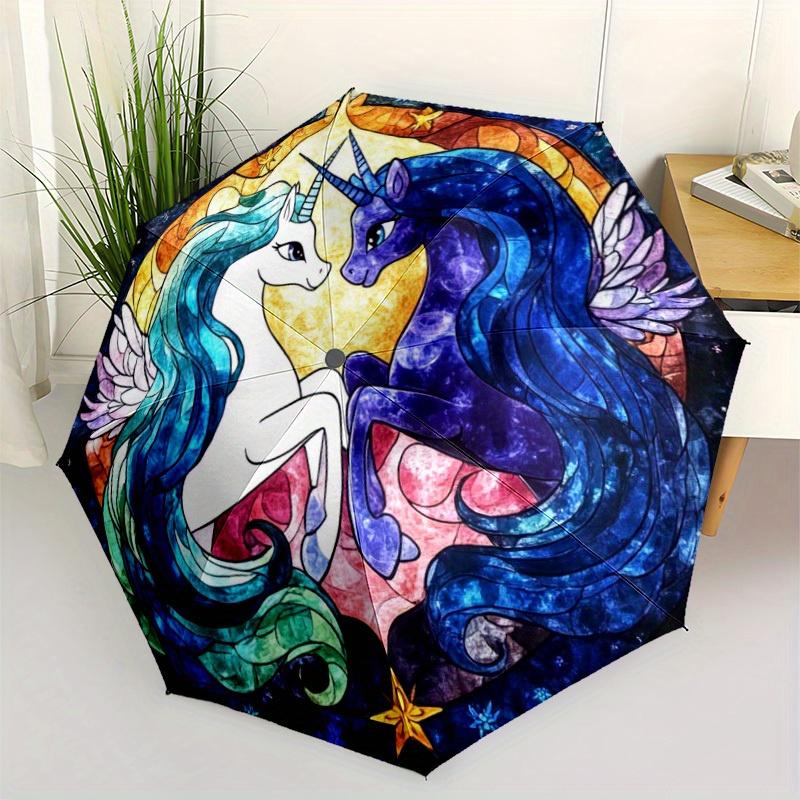 Fantasy Unicorn Floral Automatic Folding Umbrella Compact Lightweight Retractable Design With 8 Ribs For Outdoor Travel And Festive Giftingt60