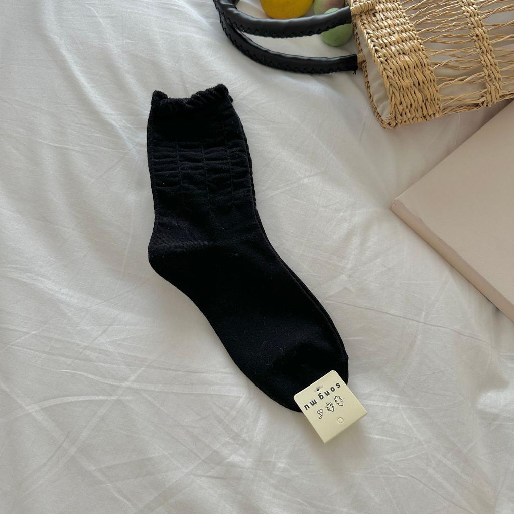 Shirring Lace Socks Mid-Tube Niche Simple Style Spring And Autumn New Product Stack Socks Solid Color Student Socks Casual