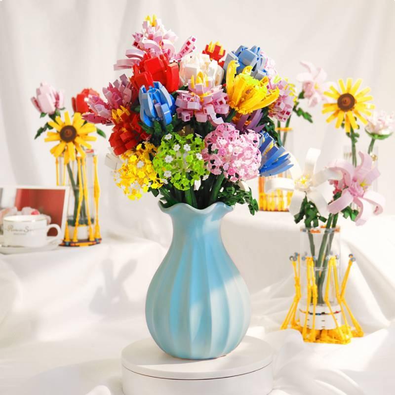 Assembling Children Puzzle Building Blocks Flower Rose Lily Bouquet Model Toy