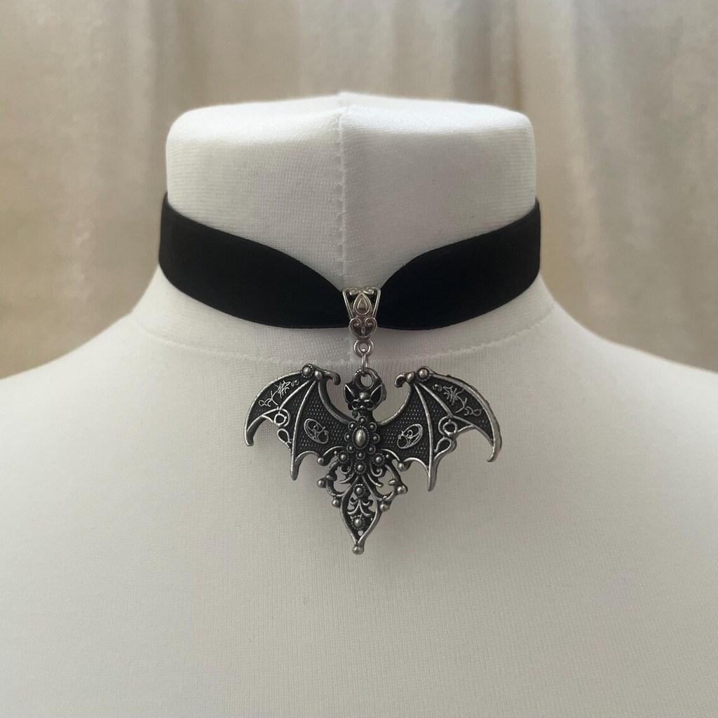 Gothic Silver Bat Pendant Necklace With Cross Chain For Vampire Role Play
