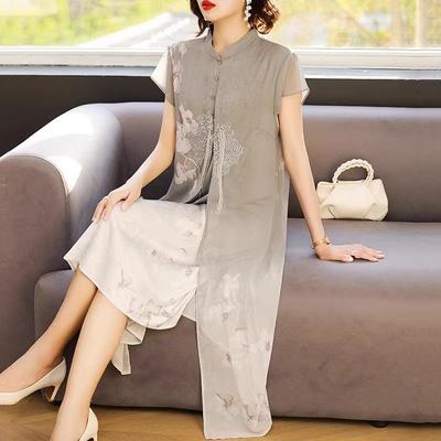 Robe Cheongsam d'été de luxe pour femmes d'âge moyen Col montant Style chinois Robe longue