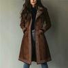 2026 Fall Winter Womens Faux Suede Trench Coat Printed Turn Down Collar Loose Fit Outerwear