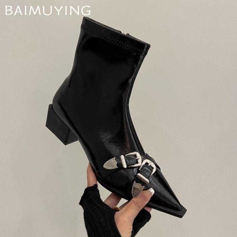 Масивні шкіряні жіночі черевики до щиколотки з гострим носком, сексуальні дизайнерські підбори середньої висоти, зимове взуття, тренд 2025, модні туфлі-човники, готичні ботильйони для жінок