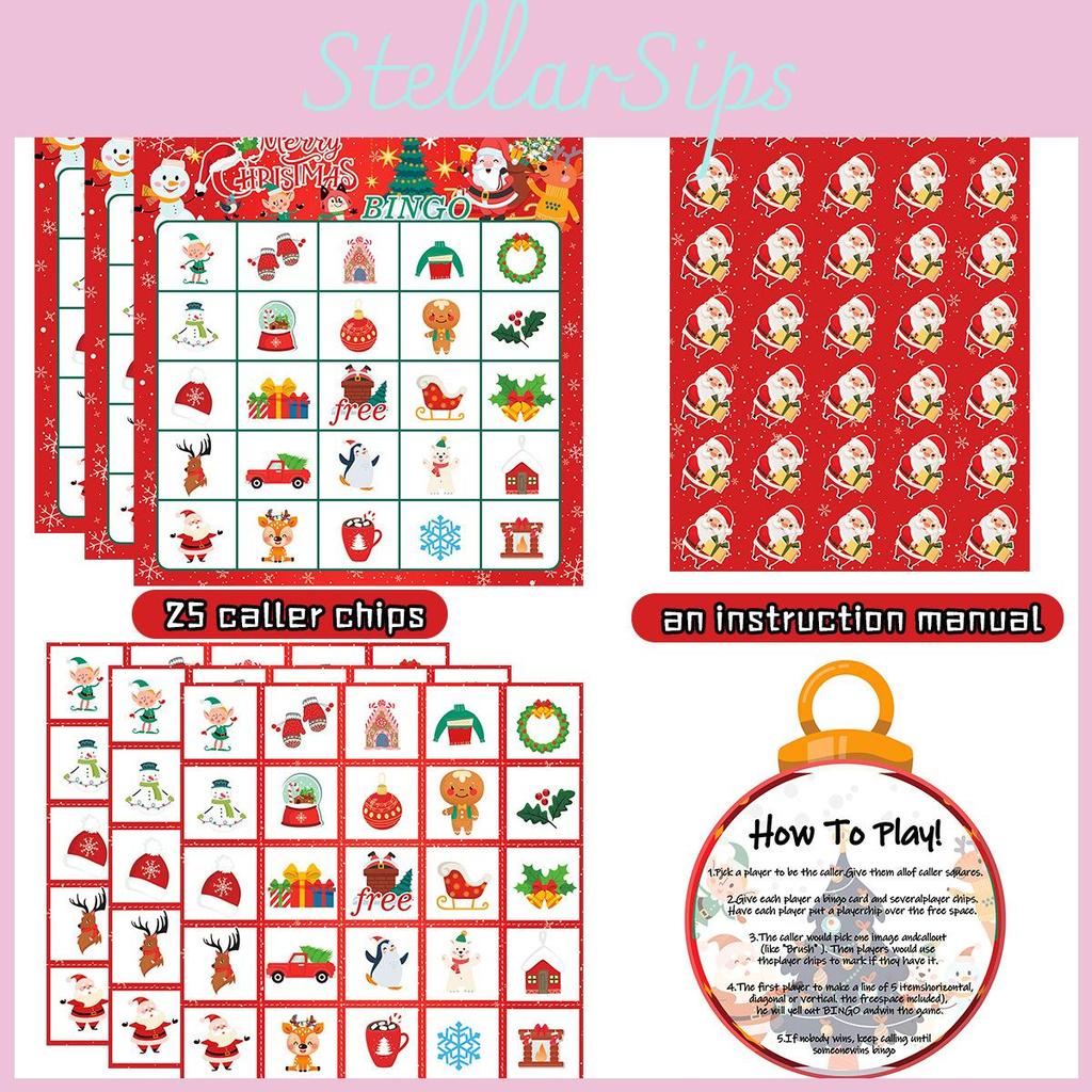 Bingo Theme Christmas Game Santa Snowman Paper Cards Set Family Holiday Play Fun