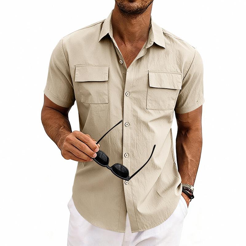 Men's Casual Short Sleeve Button Down Shirts Workwear Style Turn Down Collar Chest Pocket Blouse Tops for Daily Vacation Beach