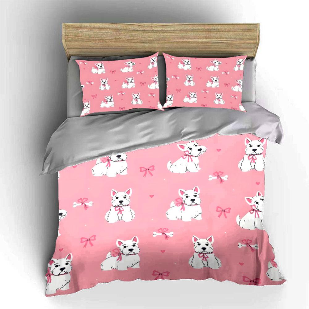 Cute White Dogs with Pink Bows Bedding Duvet Cover Set (1*Duvet Cover 2*Pillowcases, Without Duvet Insert)