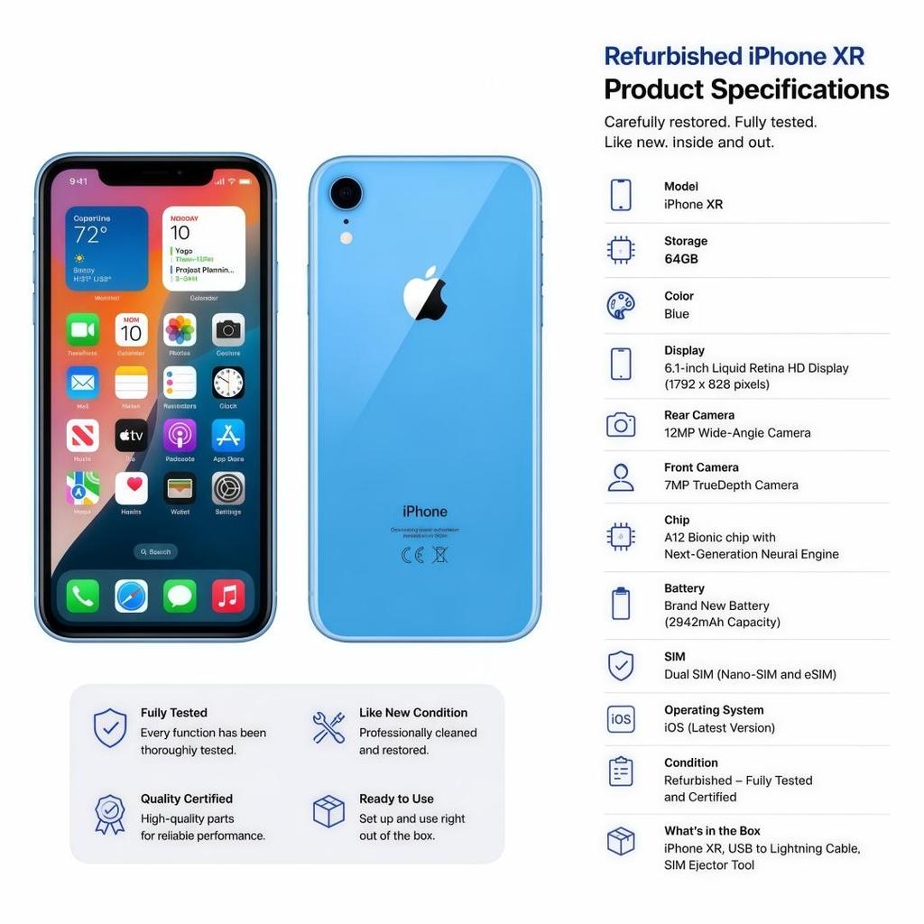 Refurbished Apple iPhone Xr 6.1'' 3GB RAM 64GB ROM Blue 4G LTE Unlocked Smartphone With Single SIM