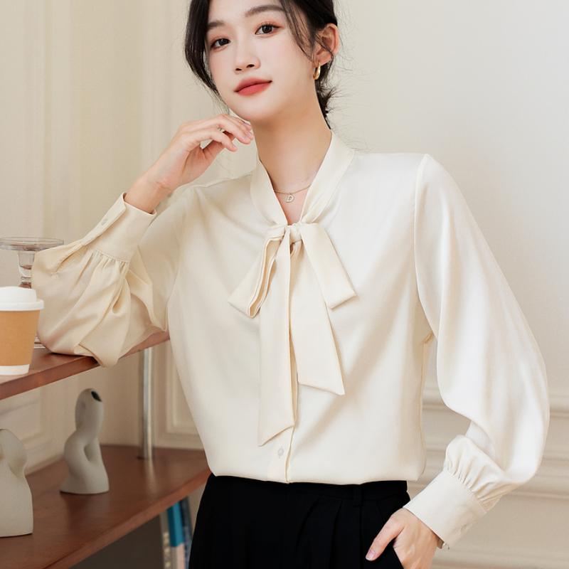 Mode Fliege Kragen Langarm Freizeit Hemd Damen Elegant Uni Schlicht Damen Blusen und Oberteile Vintage Slim Fit Weiße Bluse Damenbekleidung 25852