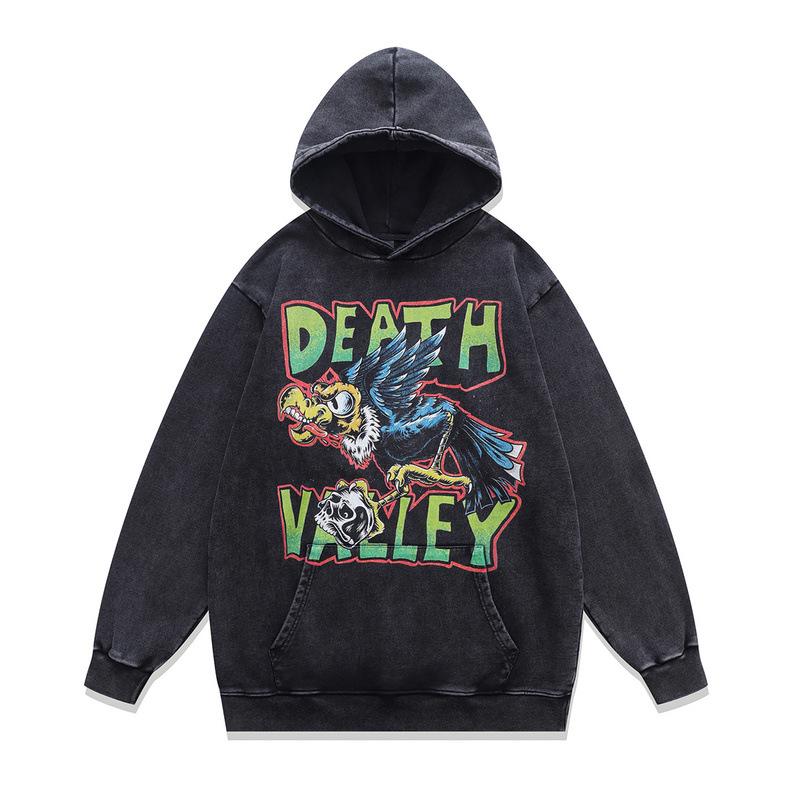 Moletom com Capuz Americano Retrô Estampa Direta em Tinta Branca Oversize Lavado Velho para Homens e Mulheres