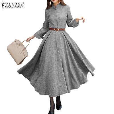 Women Stand Collar Long Sleeve Casual Full Flared Dress