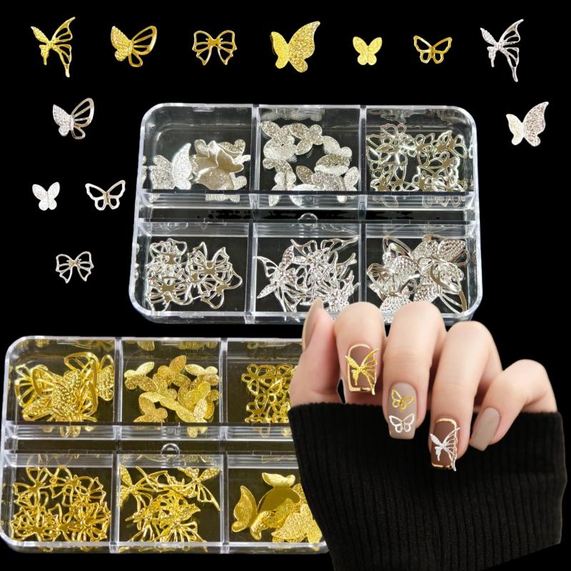 6Grids 3D Metal Stars Bowknot Butterfly Nail Art Charms Gold/Silver Starlight Rivets Nails Decorations Manicure Sequins Accessor