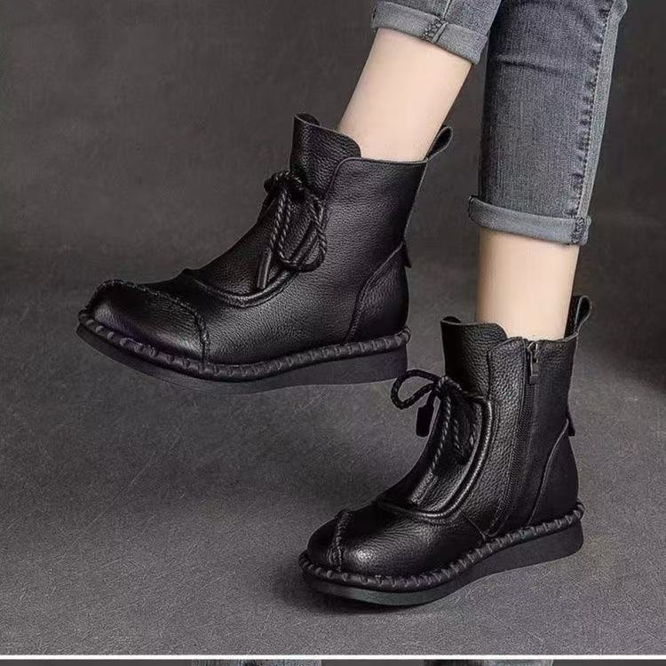 Autumn and Winter New Retro Boots Fleece Thickened Cotton Boots Soft Sole Soft Surface Casual Short Boots Side Zipper