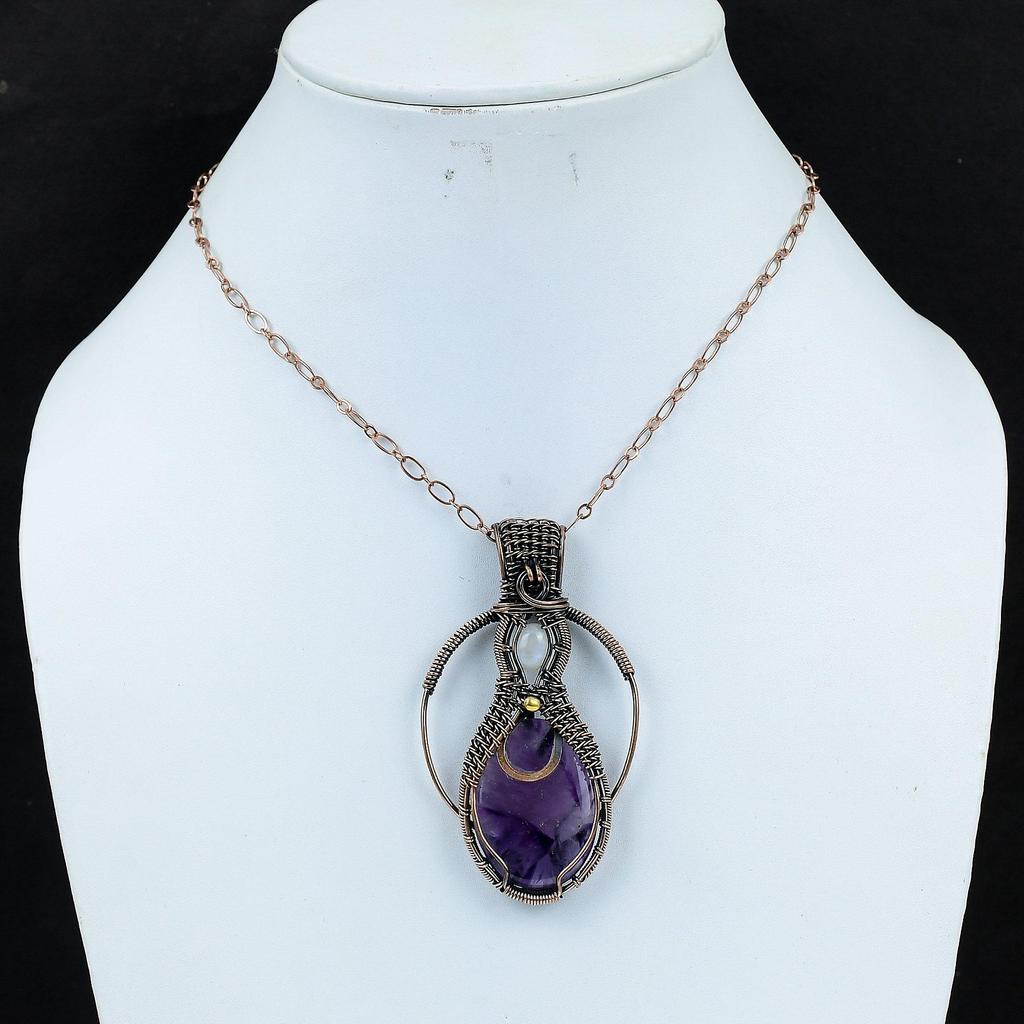 Amethyst & Mondstein Edelstein Handgefertigt Kupferdraht Wickel Schmuck Anhänger Für Frauen