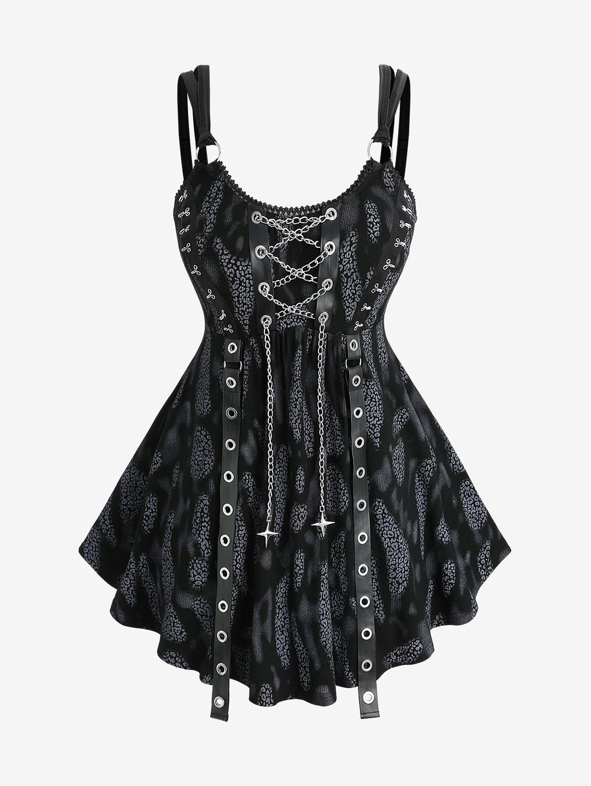 

Rosegal Плюс Размер Леопардовый Принт Кружевная Отделка Люверсы Цепи Шнуровка Майка 5XL чёрный