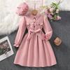 Girls' Long-Sleeved Long Dress 8-12 Years Autumn/Winter Long Dress with Collar Solid Colour Includes Belt and Hat