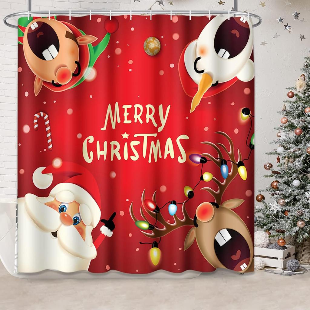 Christmas Snowman Shower Curtain for Bathroom, Funny Cartoon Santa Claus Elf Reindeer Polyester Red Fabric Shower Curtain