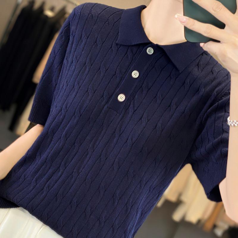 2025 Spring Classic Cable Knit Polo Short Sleeve Pullover