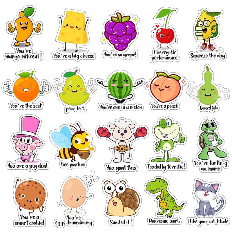 56pcs Mixed English Inspirational Cartoon Sticker Good Job Excellent Cute Animal Stickers Funny Punny Rewards Sticker