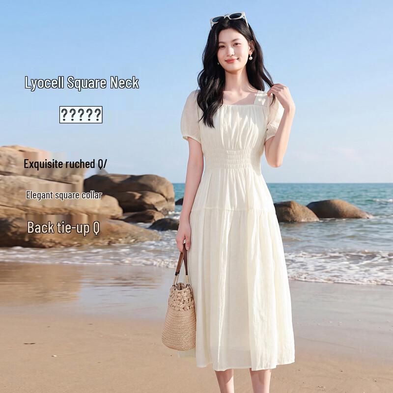 FivePlus Lyocell Square Neck Smocked Puff Sleeve Midi Dress L