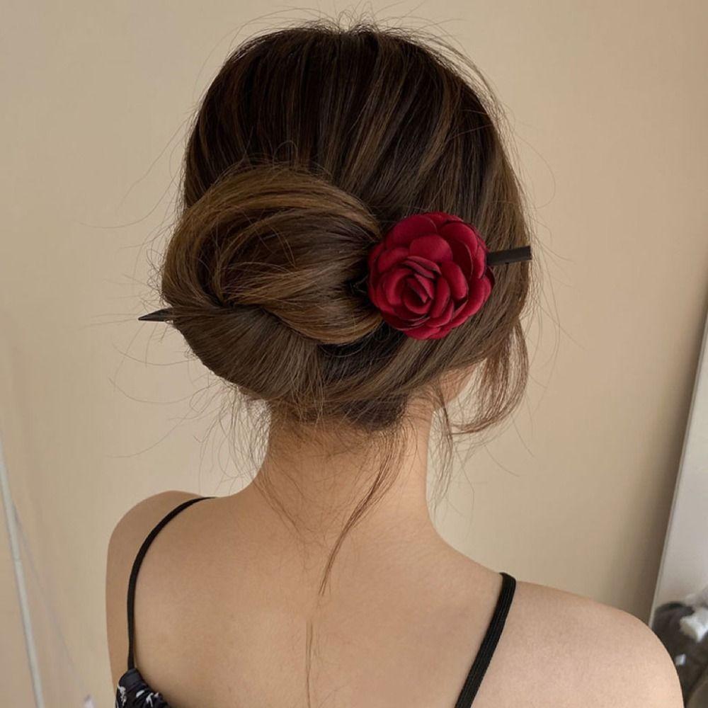 

Деревянная палочка для волос в китайском стиле с имитацией цветов, заколка для волос с цветком розы, аксессуары Cheongsam