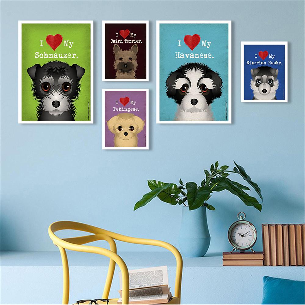 

Акварельная живопись, сердце любви, я люблю свою собаку, гостиная, домашний декор для детской комнаты, милые постеры с животными и принты, холст, настенные фрески