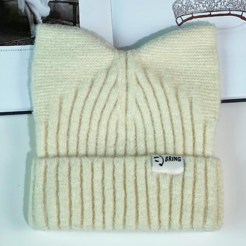 Cute Cat Ear Hat Women's Autumn and Winter Youth Warm Ear Protection Knitted Wool Hat Casual Versatile Crimped Headgear