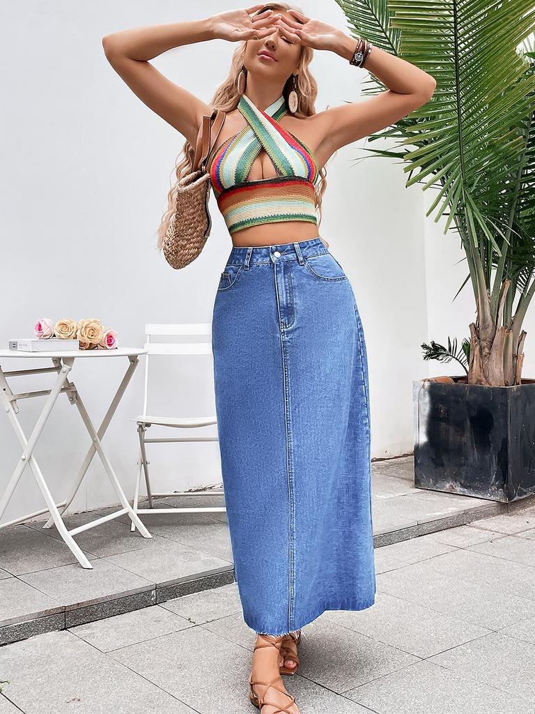 Cross-border Women's European & American Casual High Waist A-line Denim Midi Skirt