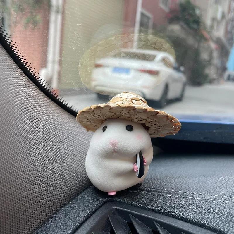 New Cute Eating Straw Hat Hamster Car Accessories Car Toy Center Console Decoration Car Interior Decoration Pendant