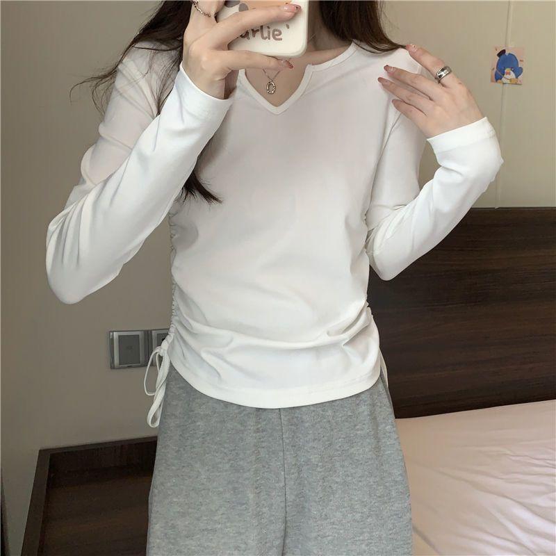 Women's Design Drawstring V-neck T-shirt Early Spring Autumn Short Style Covering the Belly Slimming Long Sleeves Trendy
