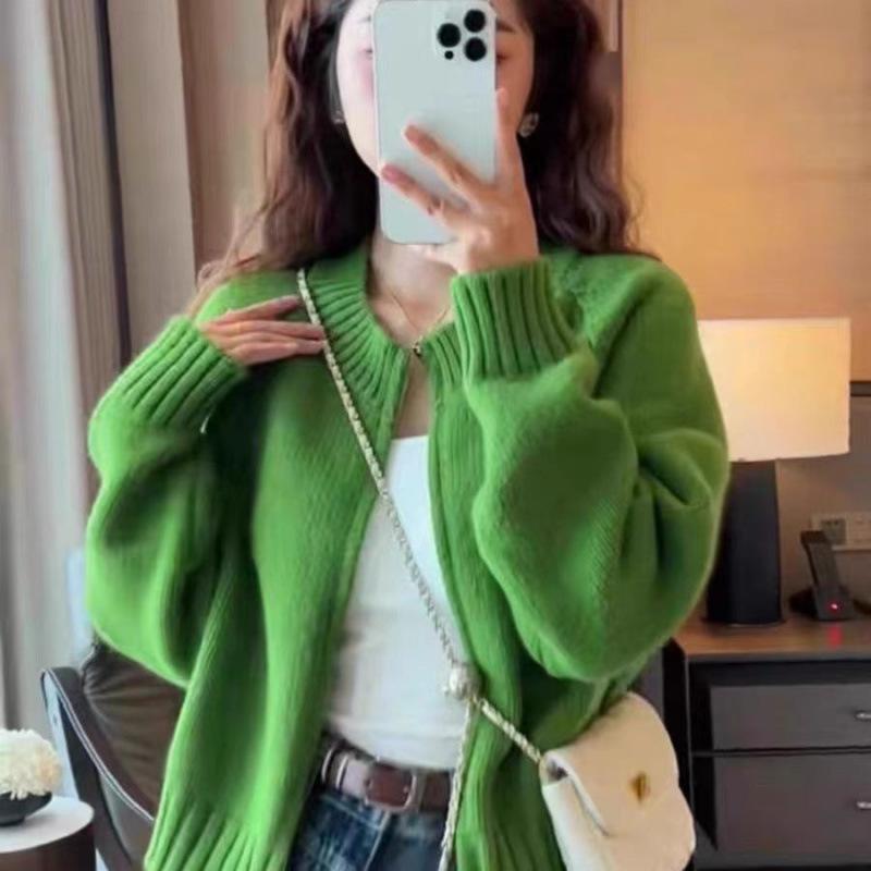 Women's 2026 Korean Style Double Zipper Fluffy Knit Cardigan - Solid Color Round Neck Autumn/Winter Outerwear