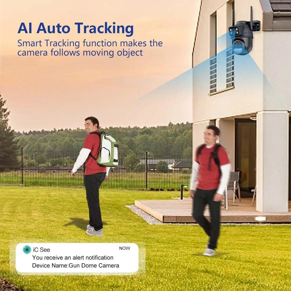 Neue EU 12MP 6K WiFi-Kamera für den Außenbereich, drei Objektive, Dual-Screens, 8-facher Zoom, CCTV-Mini-Videokamera, automatisches Tracking, Sicherheitsschutz, Überwachung, iCSee-App