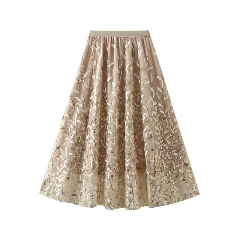 

Qooth Leaf Sequin Tulle A-Line Maxi Skirt High Waist Elegant Embroidered Design QT2513 One Size абрикосовий