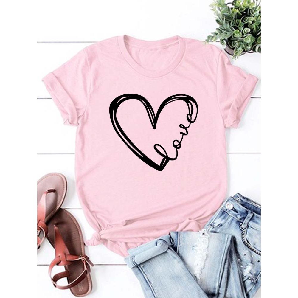 Love Heart Printed Trend Women Fashion Clothing Graphic T-shirts Clothes Print Female Shirt Short Sleeve Lady Casual Tee