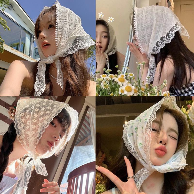 Women's French Lace Triangle Scarf: Lightweight, Breathable & Versatile Headscarf and Hair Ribbon