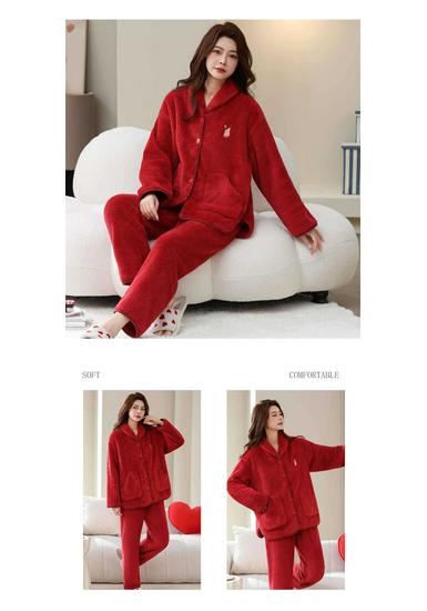 Women's Coral Fleece Pajamas, Plus Velvet, Thick, Large Size, Warm Winter Flannel Home Set for Middle-Aged and Elderly