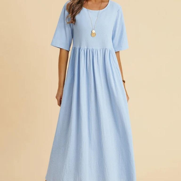 2023 Plus Size Cotton Linen Mid-Length Dress with Loose Round Neck and Five Sleeves