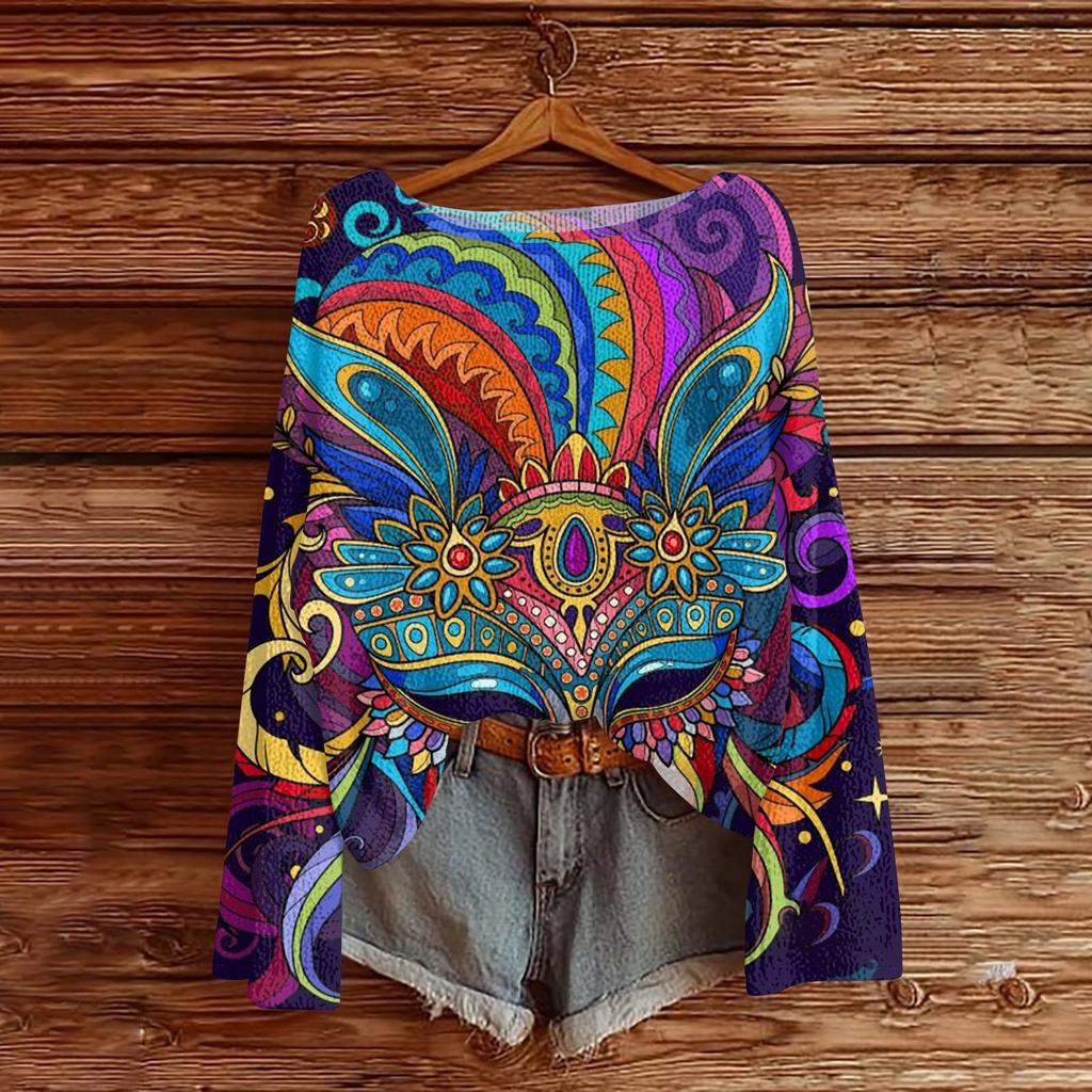 Women's Fashion Round Neck Long Sleeve Print Casual Pullover Sweater Top