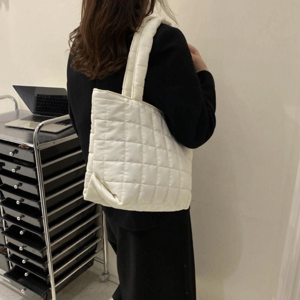 Checkered Fashion Tote Bag Korean Style Cotton-padded Tote Bag Quilted Shoulder Bag  Female Use