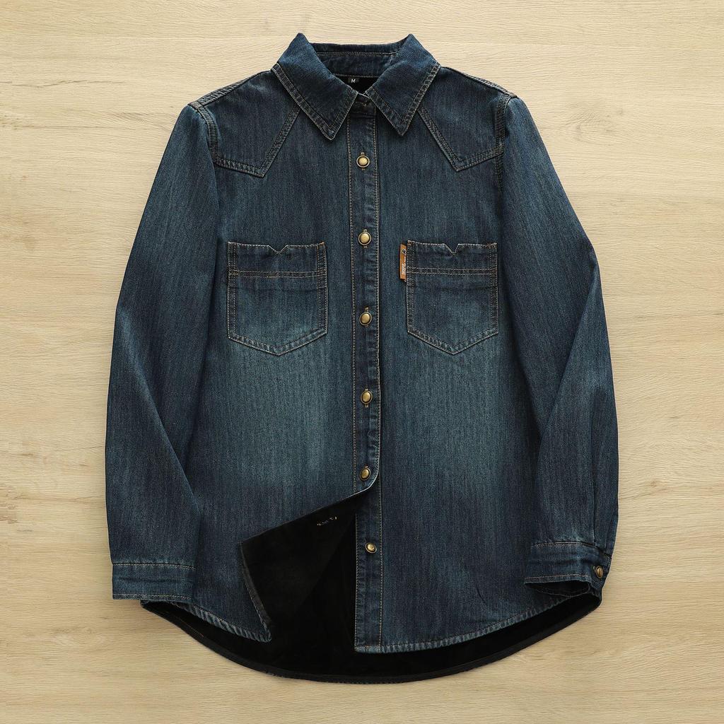 Women's Korean Style Plush Denim Shirt - Autumn/Winter Loose Layered Casual Thick Top