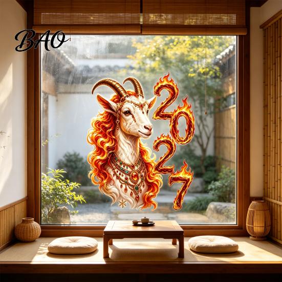 Lively New Year Party Decor Chinese Window Sticker, 2027 Goat Static Clings, Festive Glass Surface Adornment Reusable Lunar Xmas for Home Shop