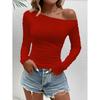 Solid Color Slanted Neck Long Sleeved Top Solid Diagonal Collar Long sleeve Top Women
