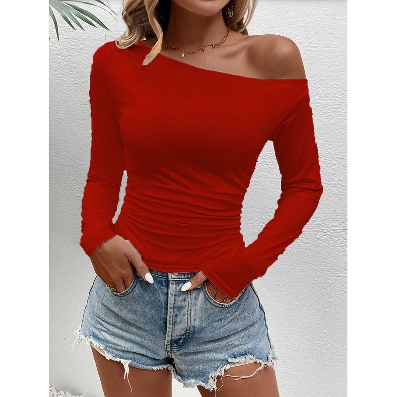 Solid Color Slanted Neck Long Sleeved Top Solid Diagonal Collar Long sleeve Top Women